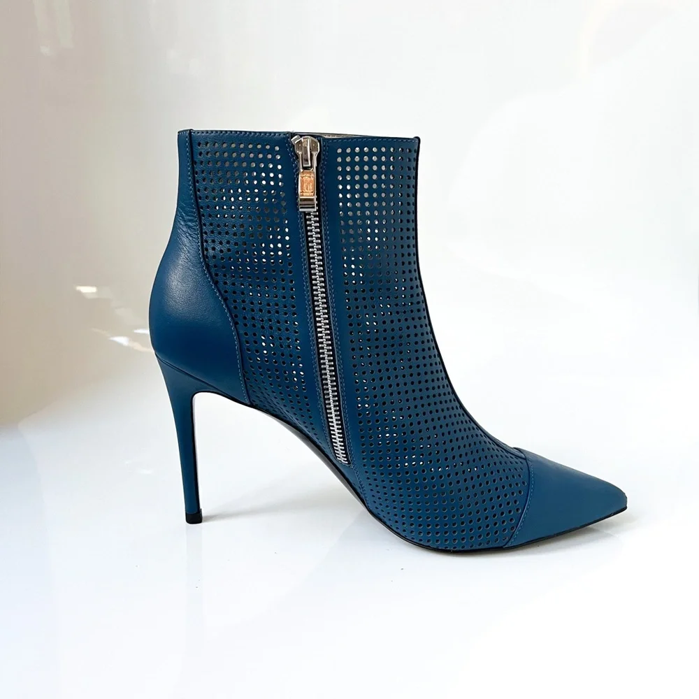 $599 Loriblu Perforated Blue Leather Ankle Boots Booties High Heel Pointy Toe 40